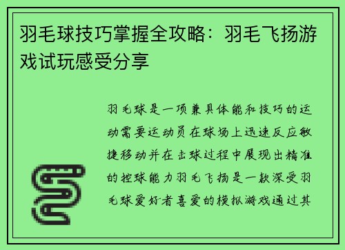 羽毛球技巧掌握全攻略：羽毛飞扬游戏试玩感受分享